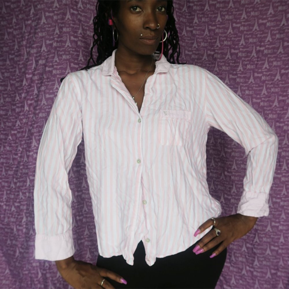 Victoria's Secret vertical stripe sleep top pj pajamas shirt in pink and white M
